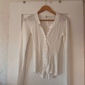 Free People White Button-Up Waffle Top